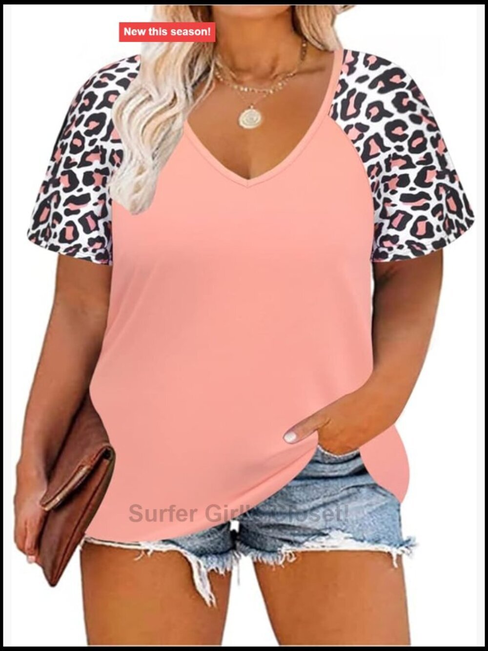 Plus Size V Neck Short Sleeve Tunic Leopard Print Color Block T-Shirt Summer